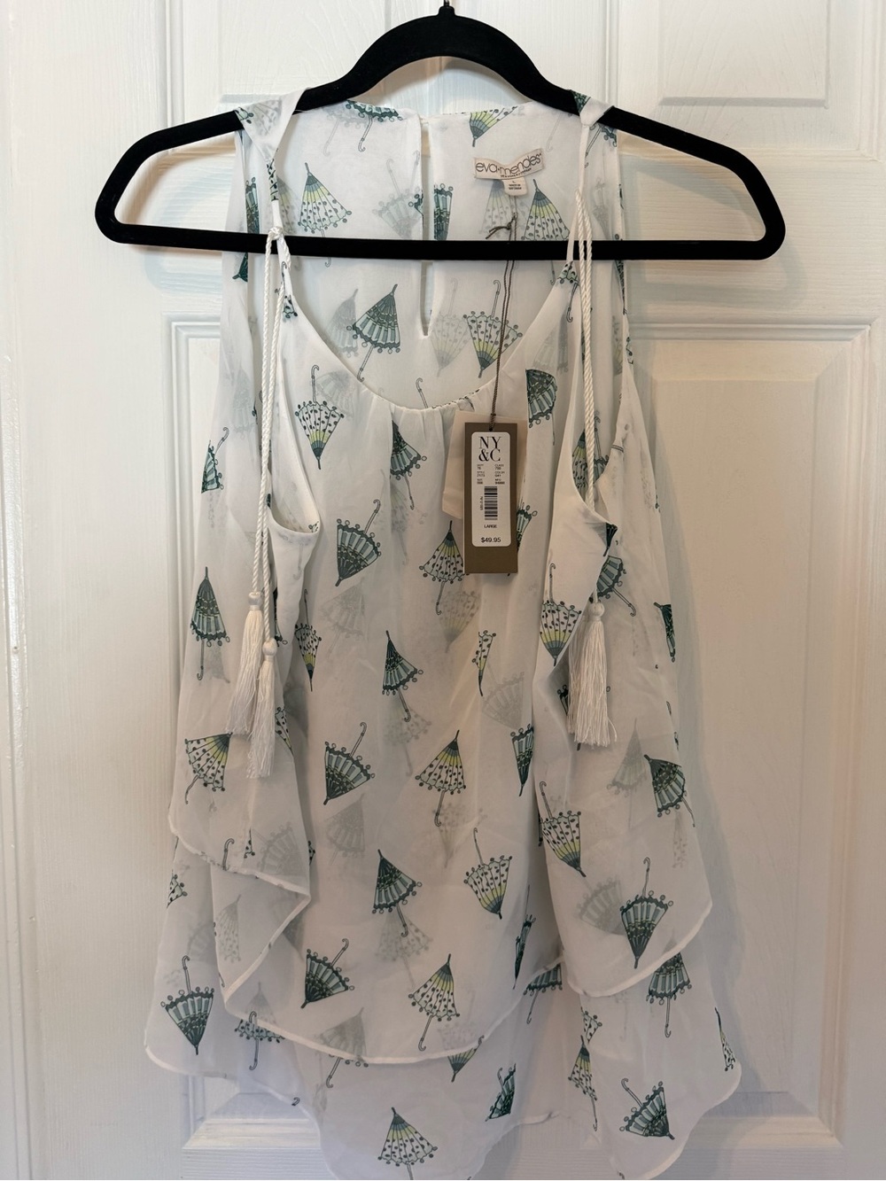 New York & Company White Chiffon Tank with Green Umbrella Motif